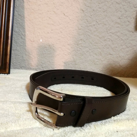 Men's Genuine Leather Belt Heavy Square Brushed Silver Nickel Buckle Size 38 - Picture 1 of 15